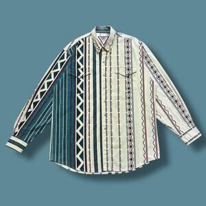 Vintage 90s Western Shirt Southwestern Aztec Print Long Sleeve Button Up Rodeo